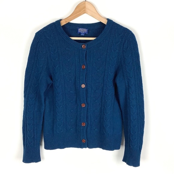 Pendleton Sweaters - Vintage Pendleton Womens Blue Lambswool Cable Knit Cardigan Sweater Jumper Small